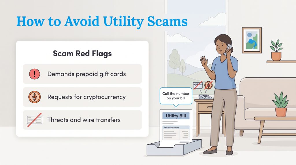 Utility scam red flags and an illustration of a woman calling the number on her bill.