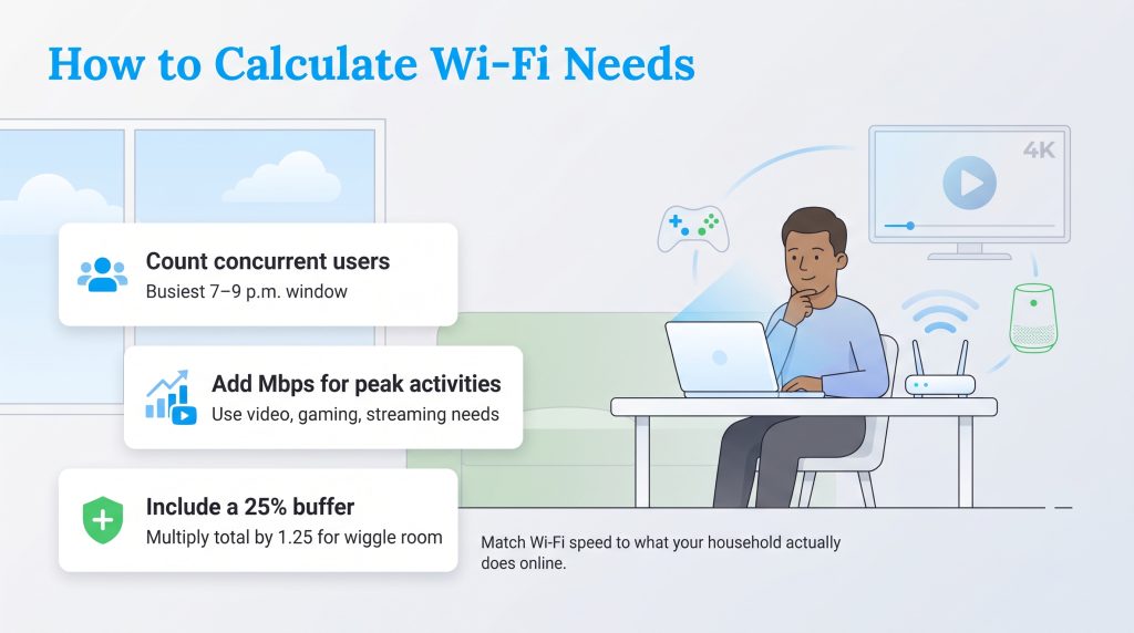 Three-step guide explaining how to calculate household Wi-Fi speed requirements.