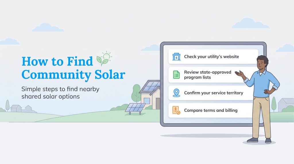 A guide displaying four steps to locate and compare local community solar programs