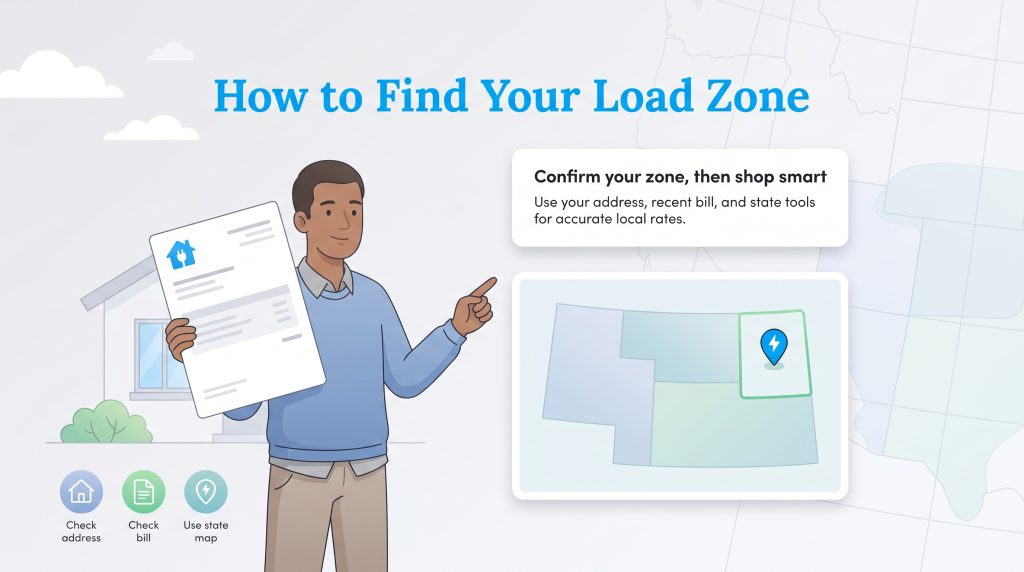 Illustration of a man holding a utility bill and pointing to a map highlighting utility load zones