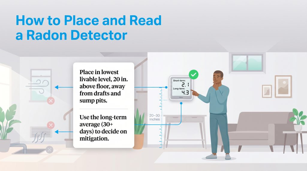 Infographic showing a man placing a radon detector and instructions for placement and reading.