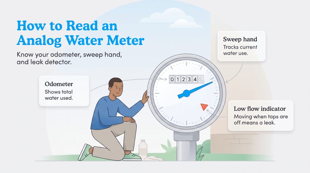 Illustration showing an odometer, sweep hand, and low flow indicator on a water meter
