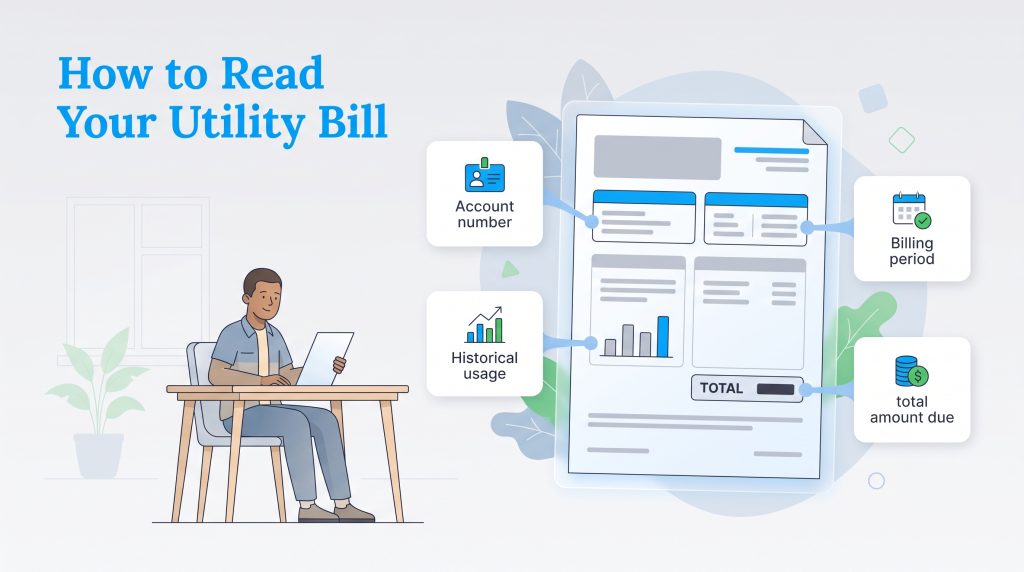 Diagram showing how to read a utility bill by locating key sections.