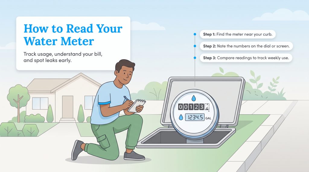 Illustration of a man taking notes next to an open outdoor water meter