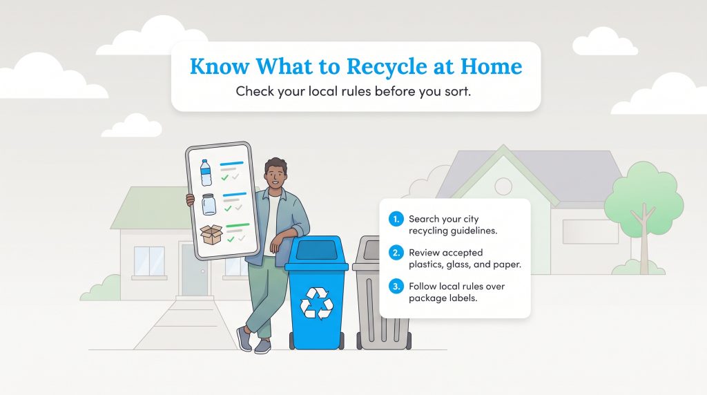 An illustration of a man next to recycling bins checking guidelines on a tablet.