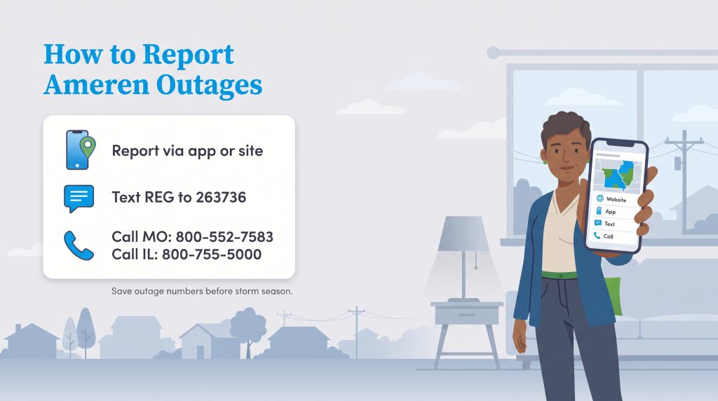 Guide showing contact methods, including text and phone numbers, to report Ameren power outages