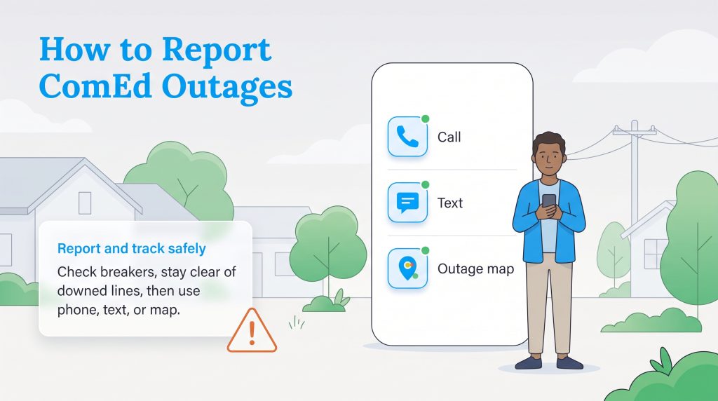 Infographic showing three ways to report ComEd outages: call, text, or use the outage map.