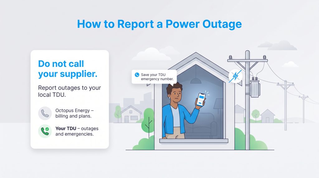 Graphic explaining to report power outages to your local TDU instead of your energy supplier