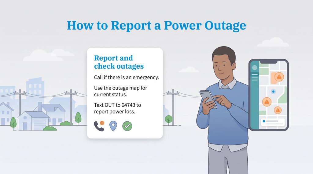 Illustration showing steps to report a power outage using a phone, map, or text message.