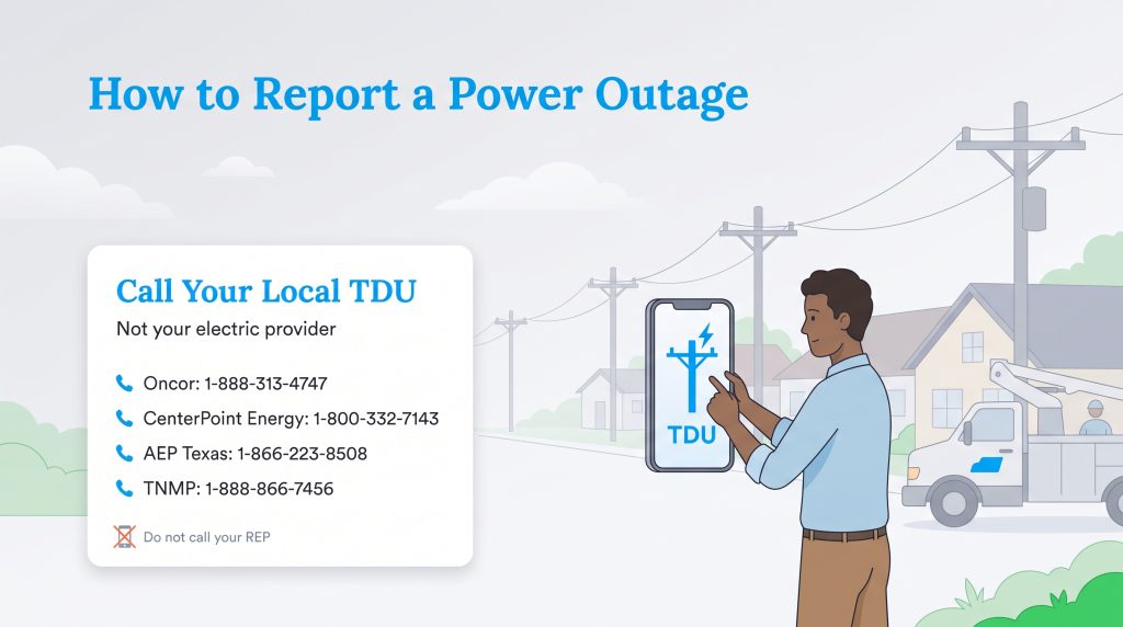 Illustration showing how to report a power outage by calling your local TDU's phone numbers.