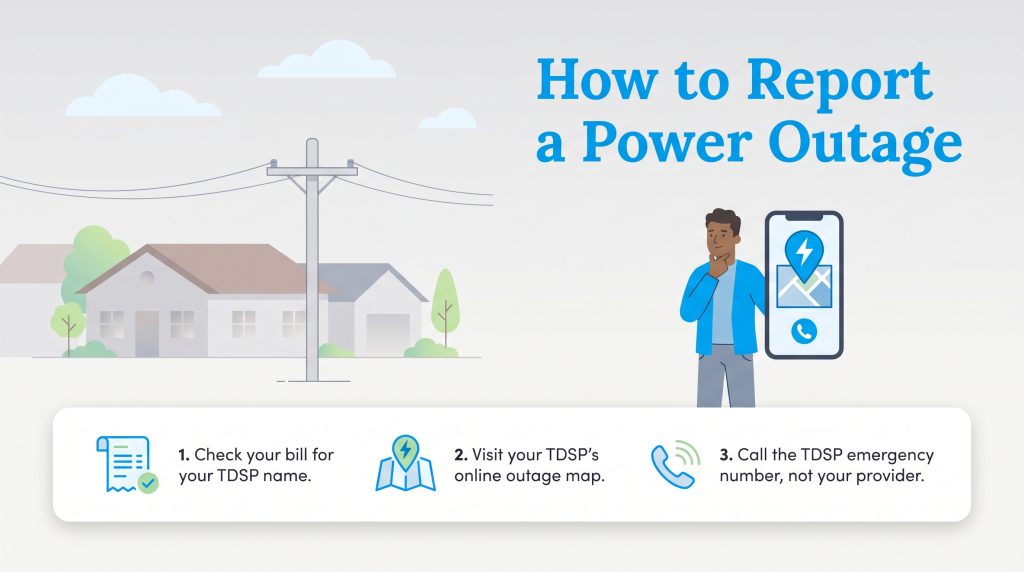 Infographic showing three steps to report a power outage directly to your utility company