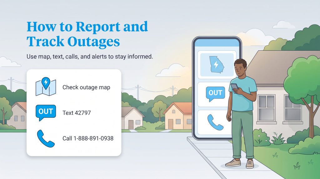 Infographic on reporting power outages by checking a map, texting OUT, or calling a hotline