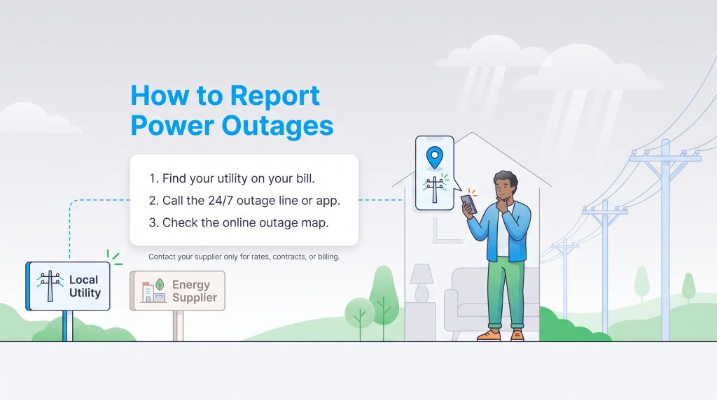 Steps to report power outages to your local utility instead of energy supplier.