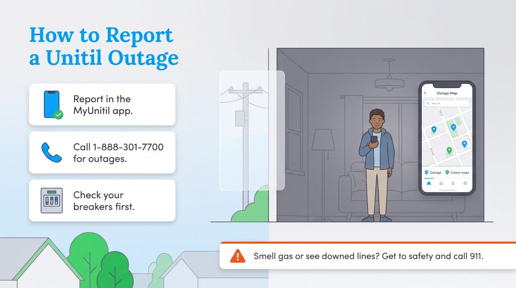 Infographic showing methods to report Unitil outages via app, phone, or breakers, plus a 911 safety warning.