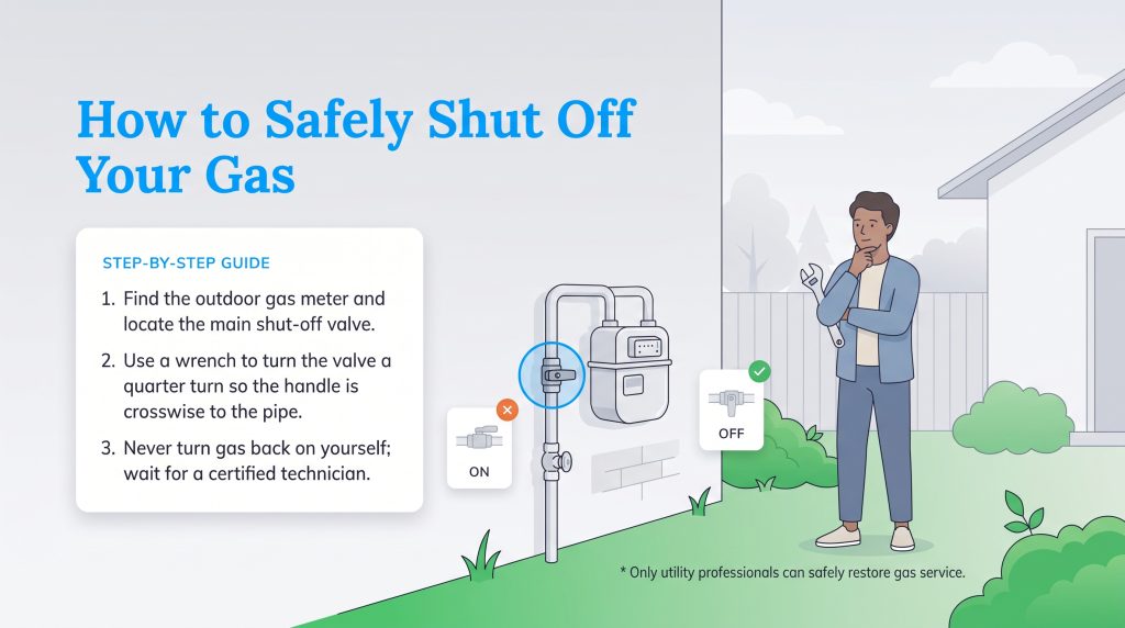 Illustration of shutting off a gas meter valve with a wrench and steps to do so safely.