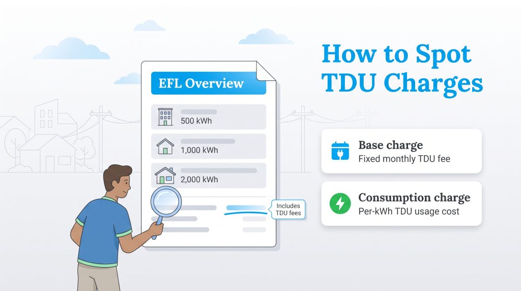 Man inspecting an EFL Overview document to find TDU base and consumption charges.