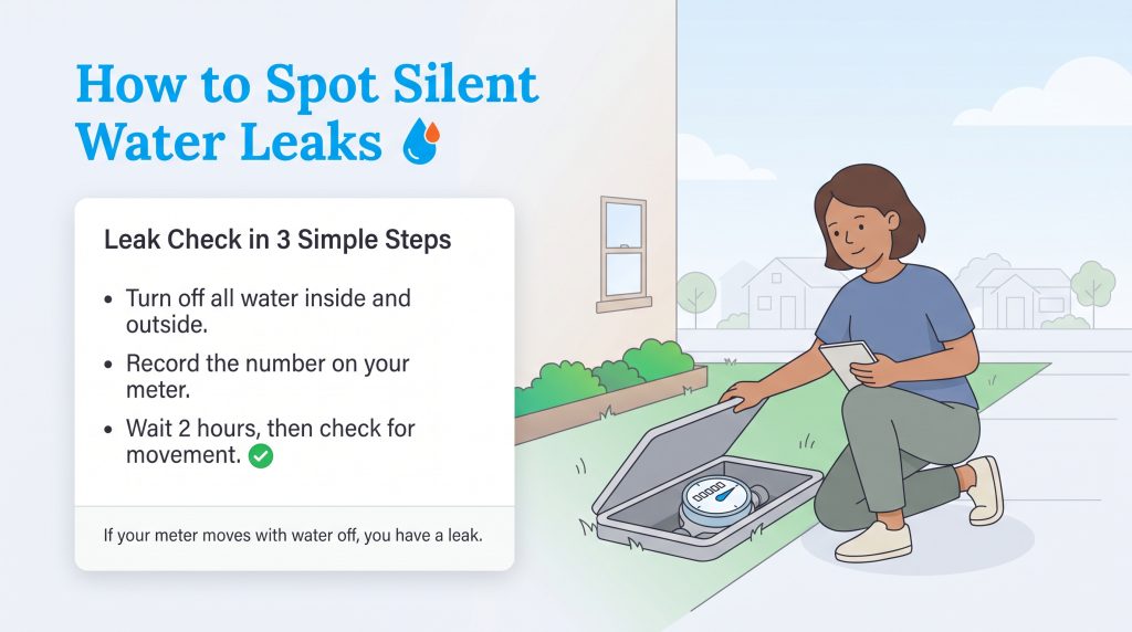 Illustration of a woman checking her outdoor water meter to detect silent leaks in three steps.
