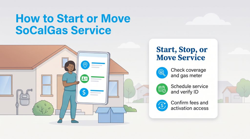 Illustration showing steps to start, stop, or move SoCalGas service with a house and phone