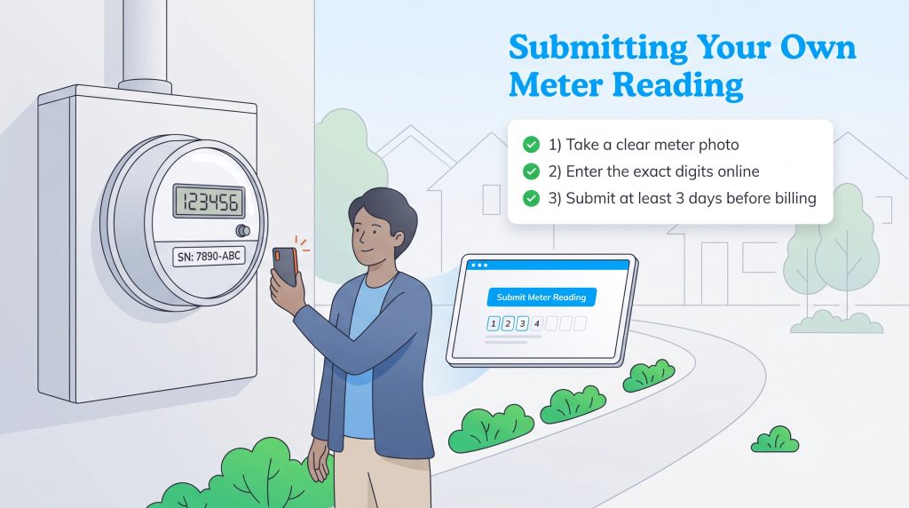 Man taking a photo of a utility meter to submit the reading online on a tablet