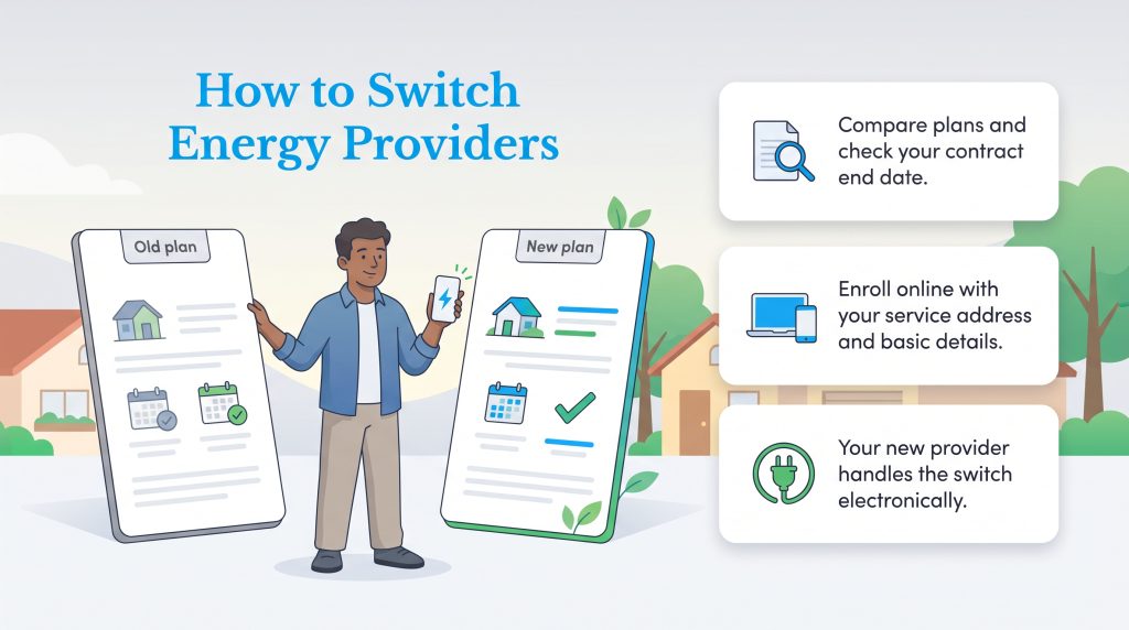 Illustration showing a three-step process to switch energy providers.