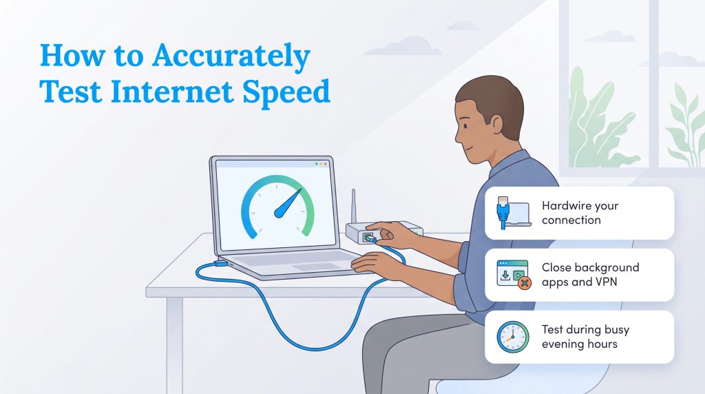 Illustration of a person plugging an Ethernet cable into a laptop to run a speed test.