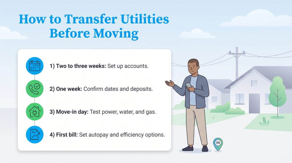 Infographic showing a four-step timeline for transferring utilities when moving.