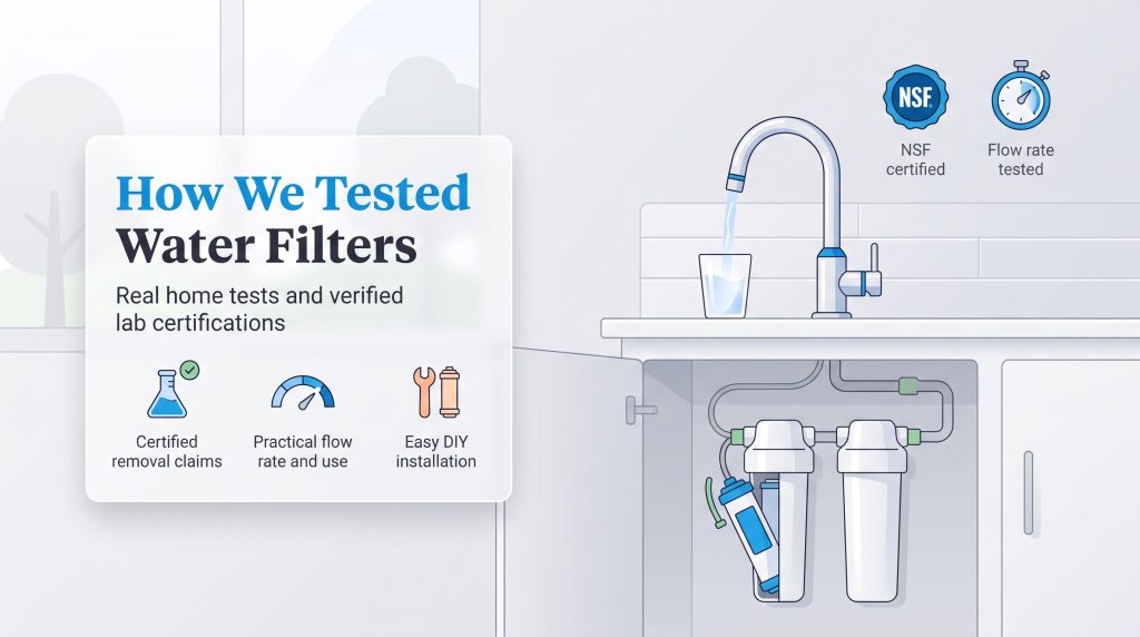 Diagram showing an under-sink water filter testing process with key evaluation criteria