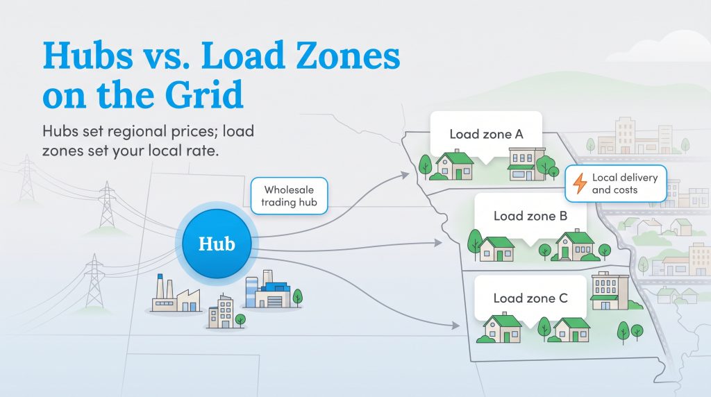 Diagram comparing wholesale electricity hubs and localized load zones on a power grid map