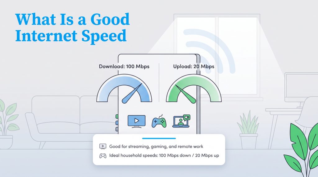 Infographic shows 100 Mbps download and 20 Mbps upload as ideal for streaming, gaming, and remote work.