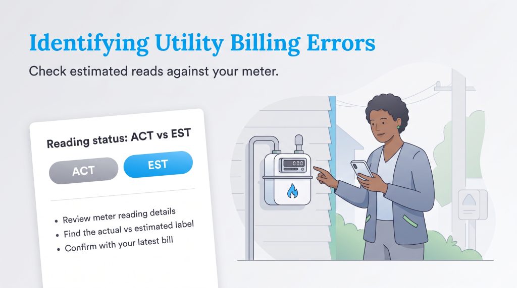 Woman checking a gas meter outside to verify estimated utility billing details