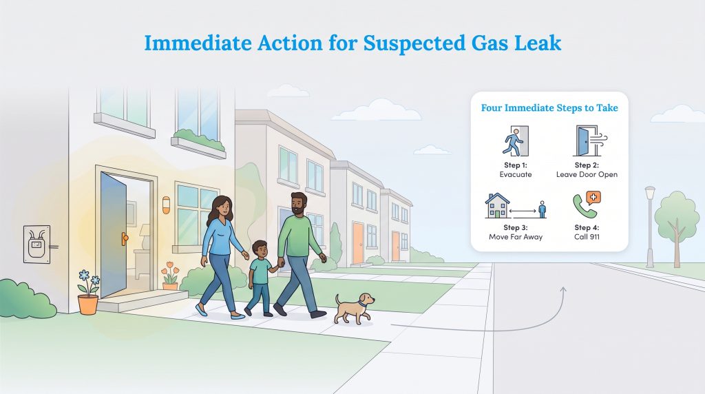 Illustration of a family evacuating their house with four steps to take during a gas leak.