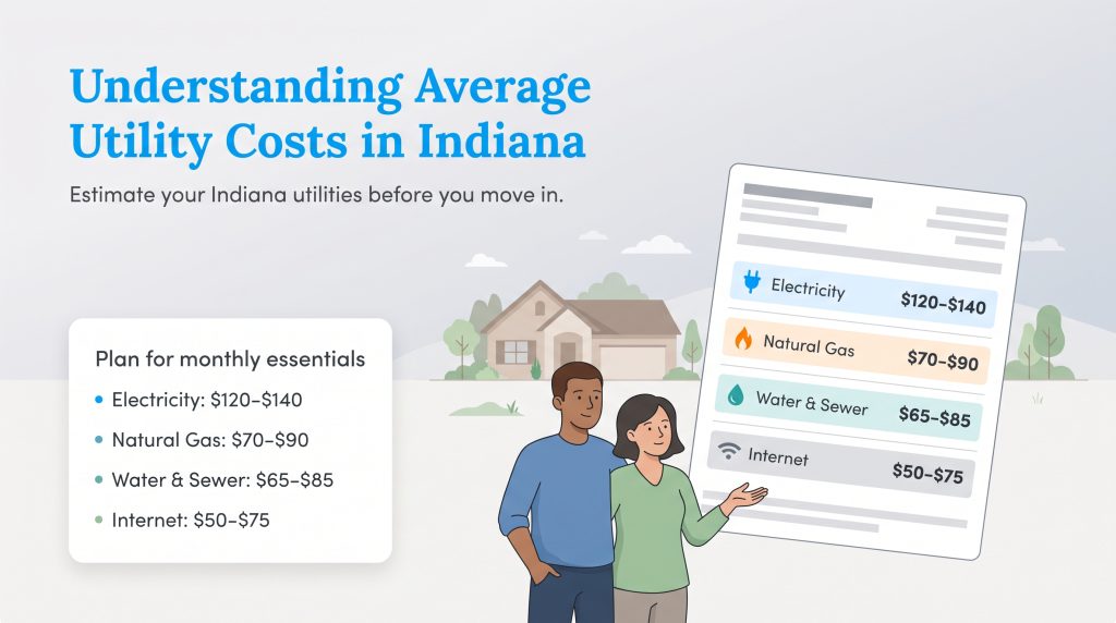 Chart of average monthly utility costs in Indiana for electricity, gas, water, and internet.