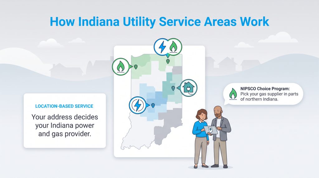 Map of Indiana utility service areas showing location-based electricity and natural gas options