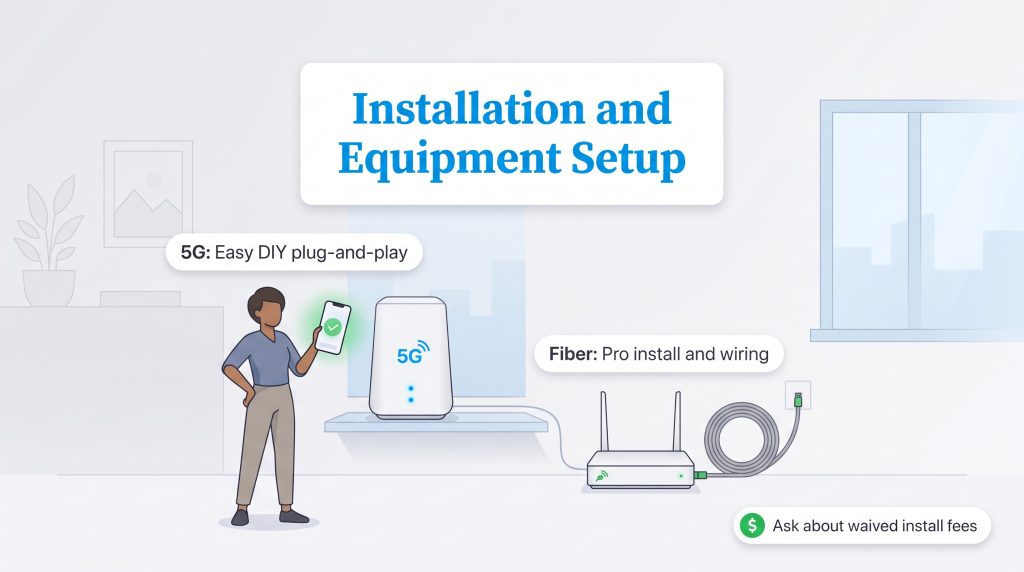 Comparison of 5G easy DIY plug-and-play setup versus fiber professional installation.