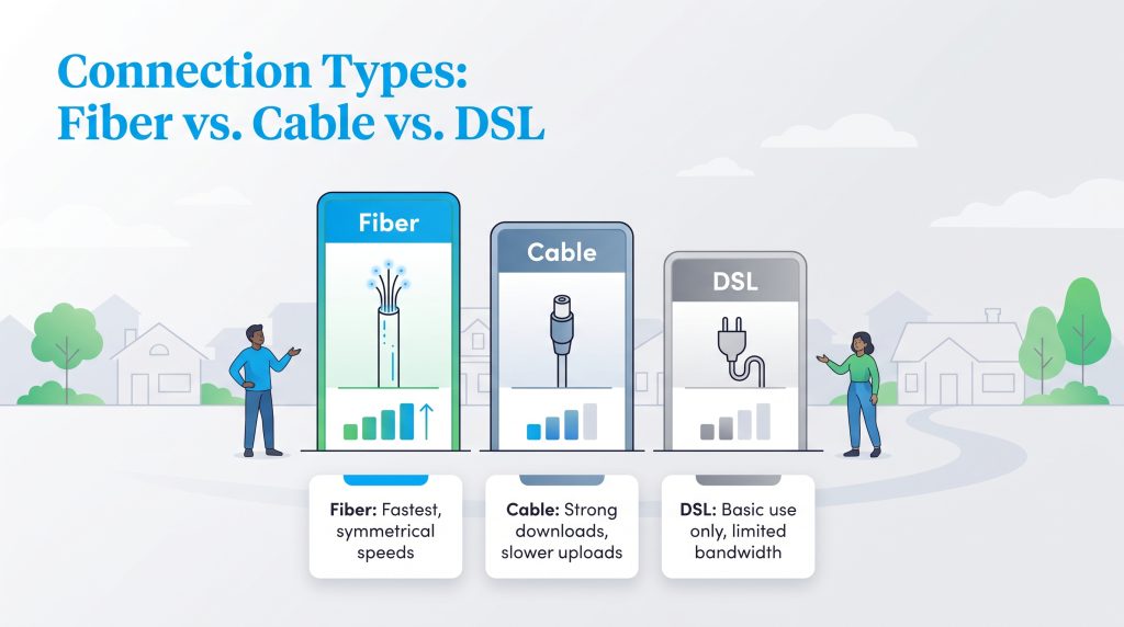 Chart comparing the speeds and performance of fiber, cable, and DSL internet connections.