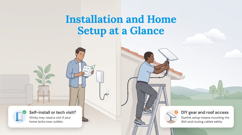Comparison of easy indoor Xfinity installation vs Starlink outdoor DIY roof setup on ladder