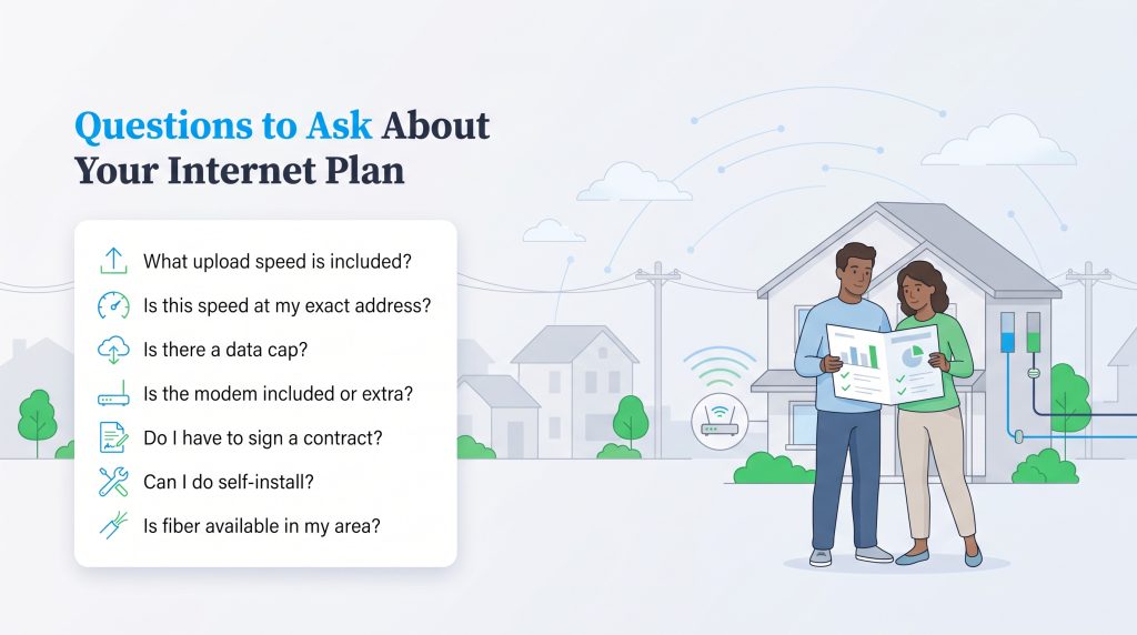 A couple outside a home reviews a checklist of key questions for choosing an internet plan.