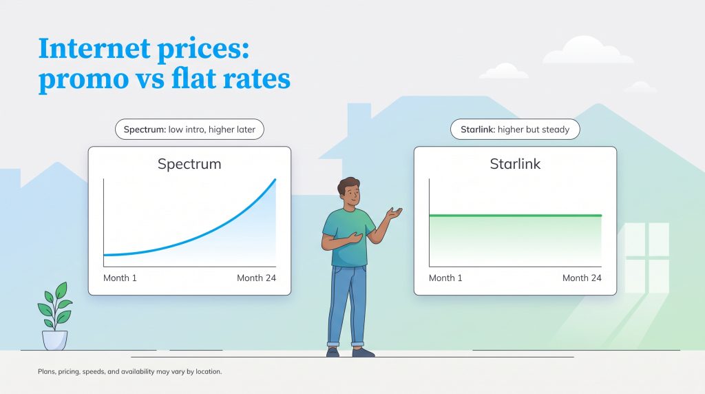 Comparison of Spectrums rising promotional rate versus Starlinks steady flat rate