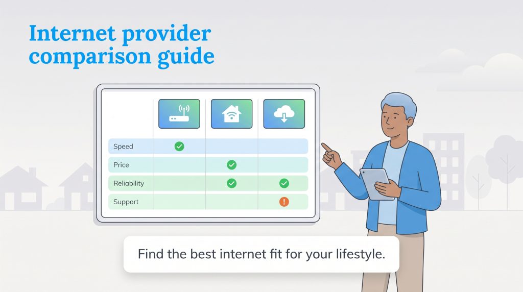 A man points to a comparison chart for internet providers, highlighting speed, price, reliability, and support factors.