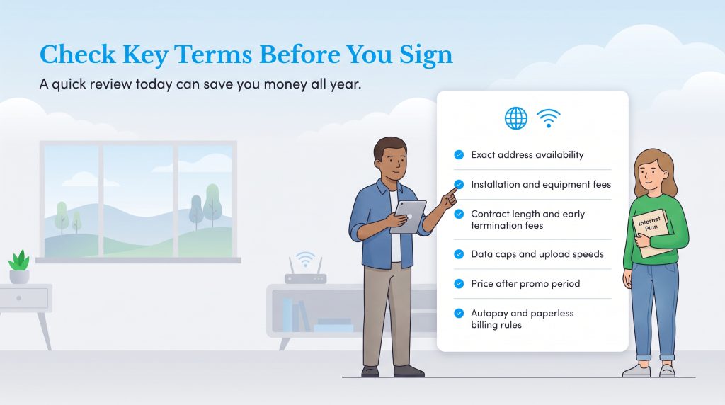 Two people review a checklist of key internet service terms and fees.