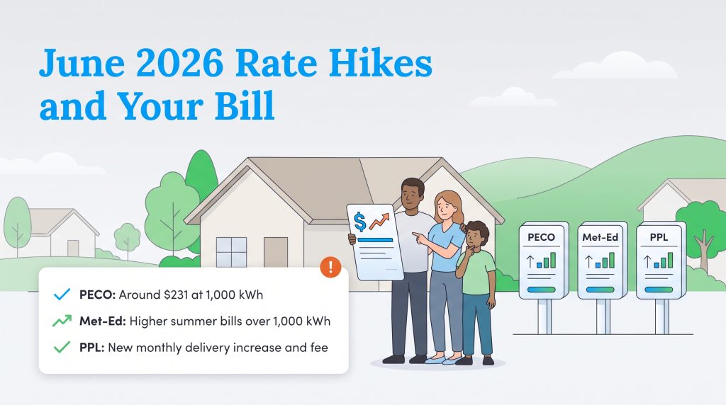 Illustration of a family examining an electricity bill with a rising cost graph, alongside text boxes detailing specific rate impacts for PECO, Met-Ed, and PPL customers.