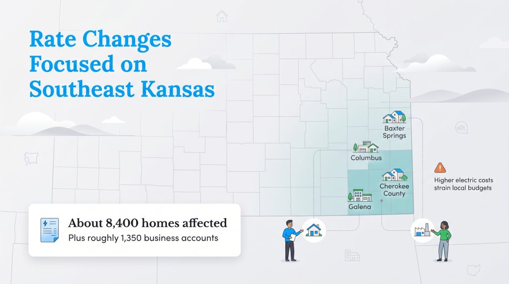 Map of Kansas highlighting southeast counties and towns affected by electricity rate changes