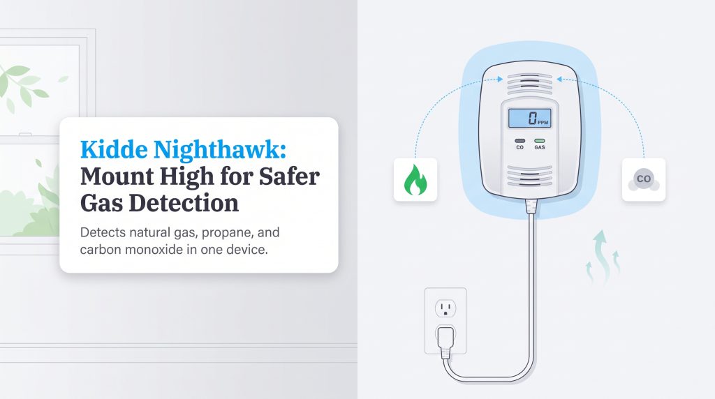 A Kidde Nighthawk gas detector mounted high on a wall and plugged into a lower outlet.