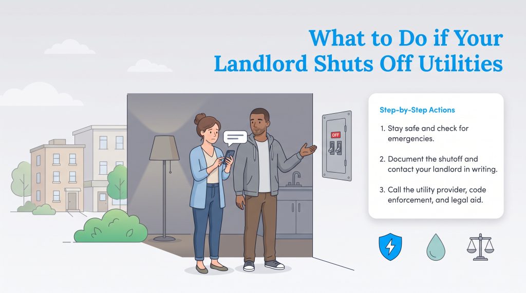Illustration of a couple facing a utility shutoff next to a 3-step action guide