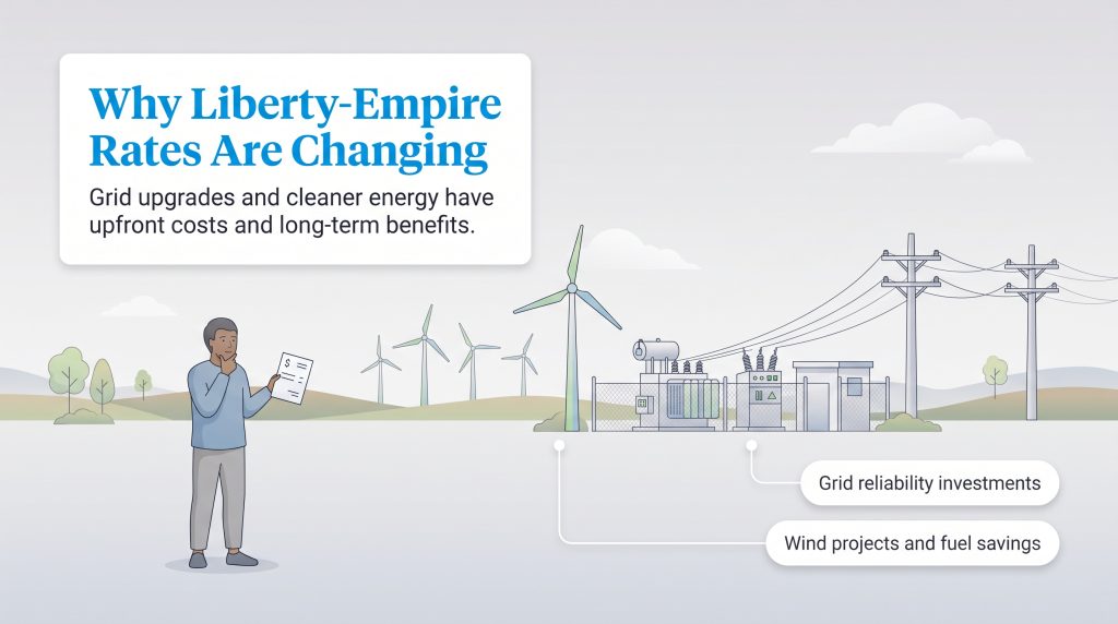 An illustration explaining why utility rates are changing due to grid and wind investments.