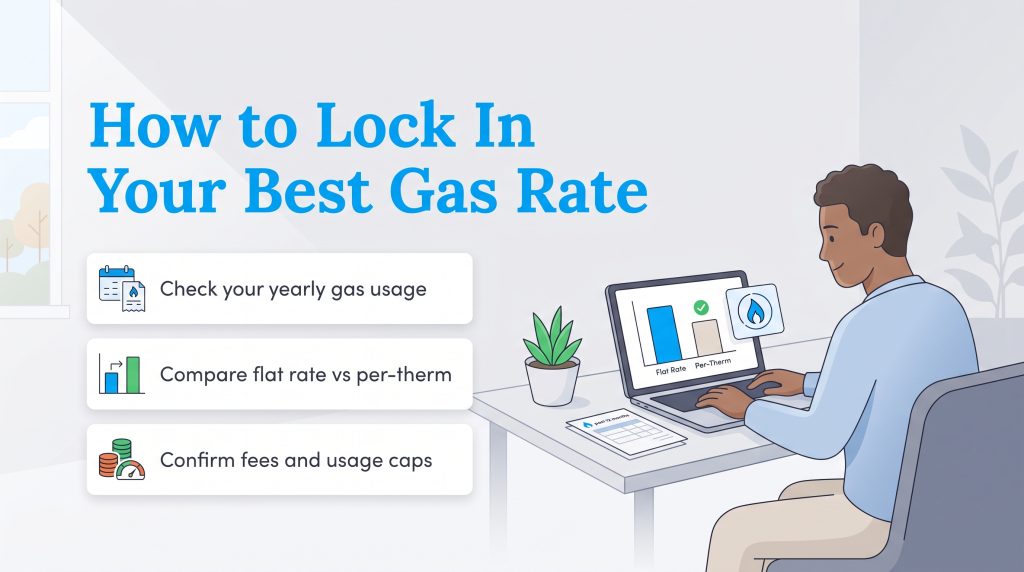 Man using laptop to compare gas rates with a checklist of steps next to him.