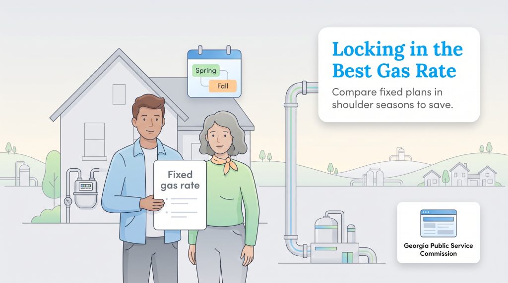 A couple holding a fixed gas rate plan contract in front of their home
