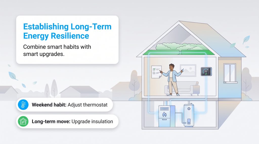 Illustration of a house showing energy-saving habits and hardware insulation upgrades.