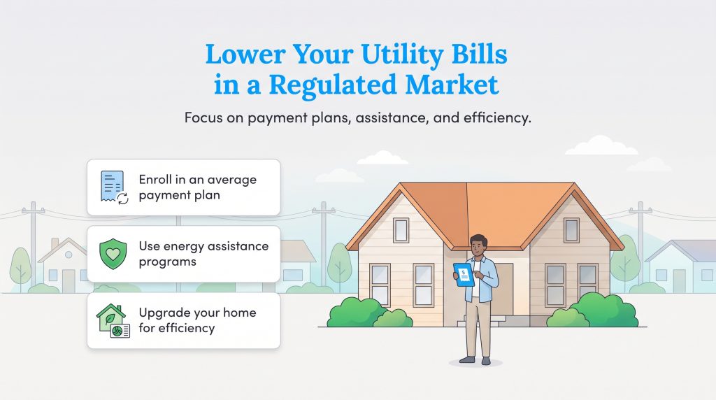 Illustration of a homeowner standing in front of a house, with tips to lower utility bills.