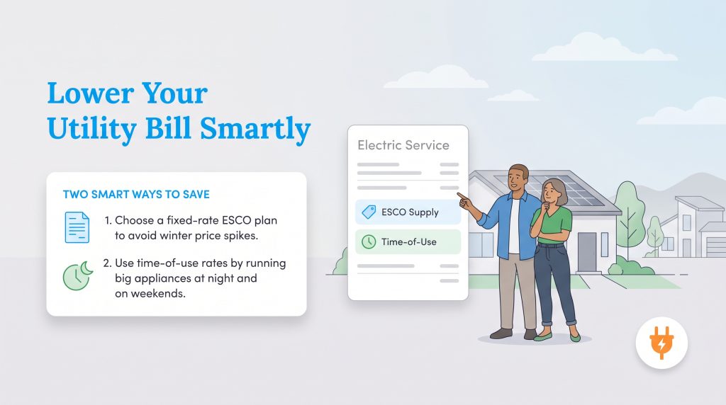 An illustration shows a couple pointing to a digital bill with ESCO Supply and Time-of-Use options, with a text box detailing two smart ways to save on utility bills.